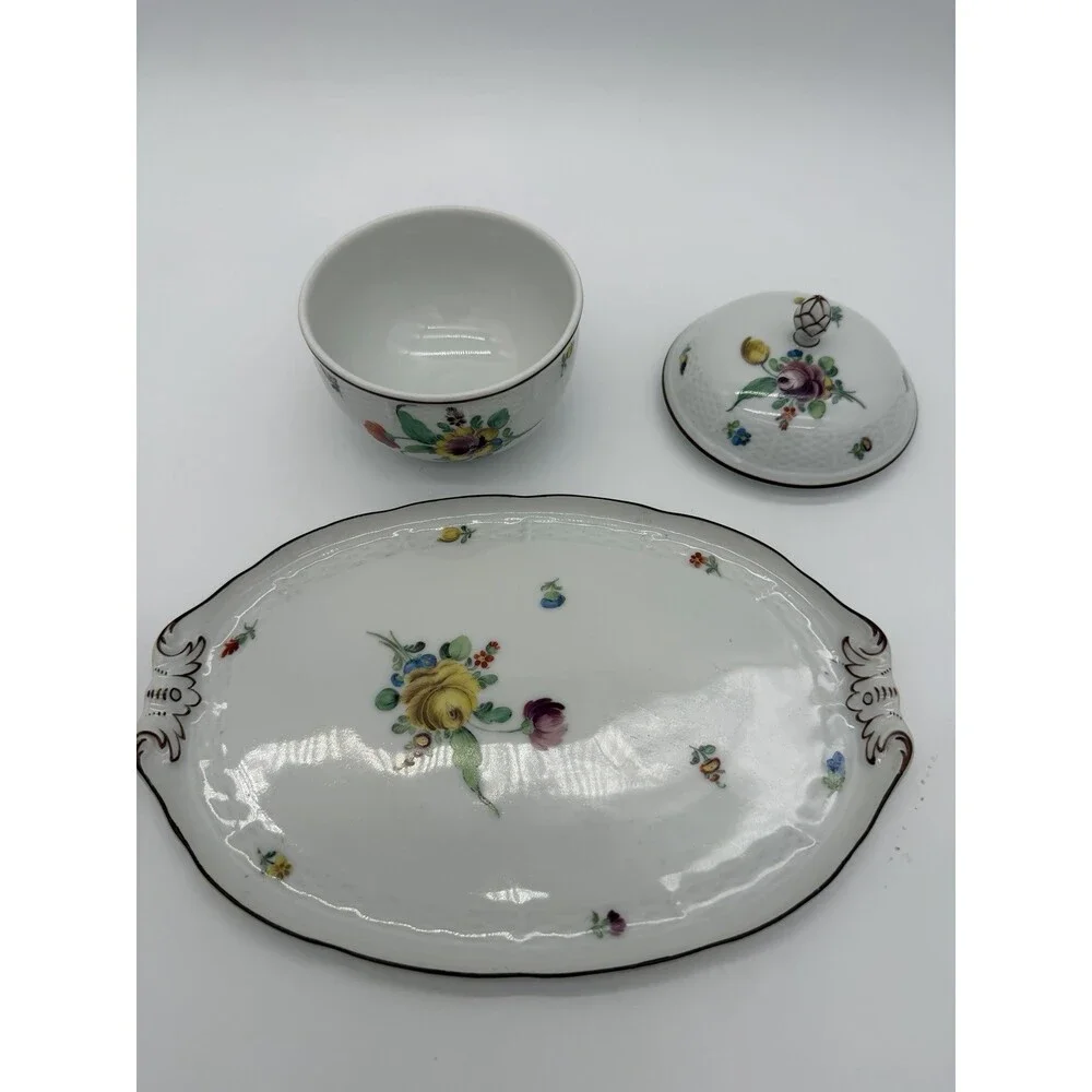 Antique Nymphenburg Porcelain Floral Sugar Bowl & Tray Basket Weave Set 2 PCs